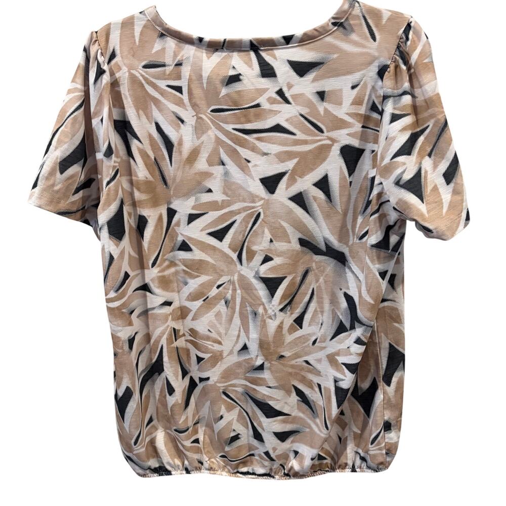 DREAMSTAR SHORT SLEEVE V- NECKLINE PULL-OVER BLOUSE, WOMENS, XL,TAN BLACK WHITE